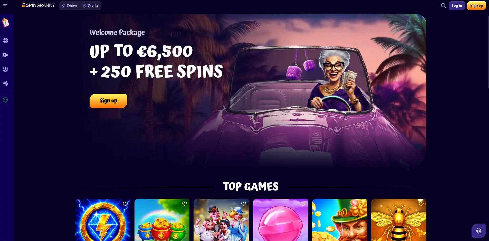 Herní lobby Spingranny Casino s přehledem výherních automatů a živých her