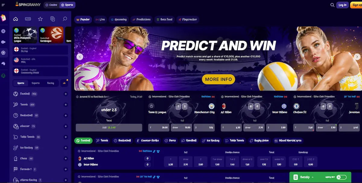 Sekce sportovních sázek Spingranny Casino s live zápasy a kurzy